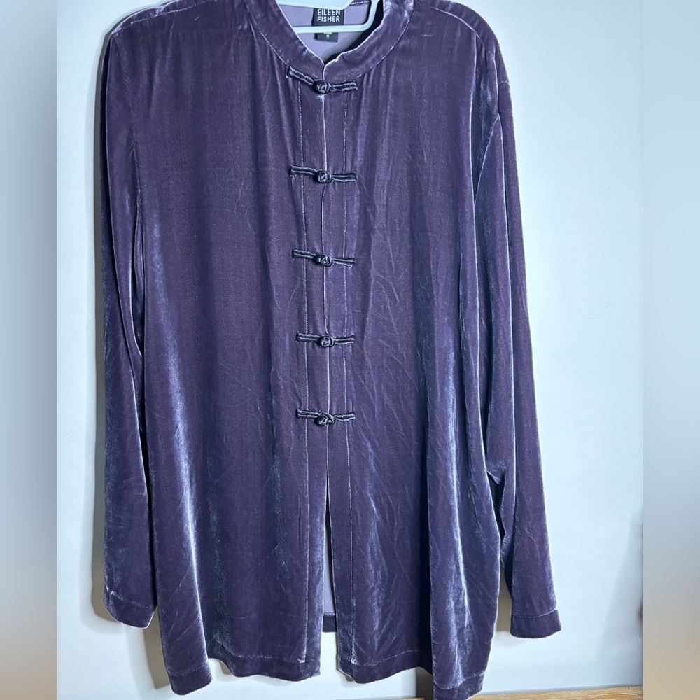 Eileen Fisher Velour Mandarin Collar Long Jacket. Dusty Purple Color. Silk Blend